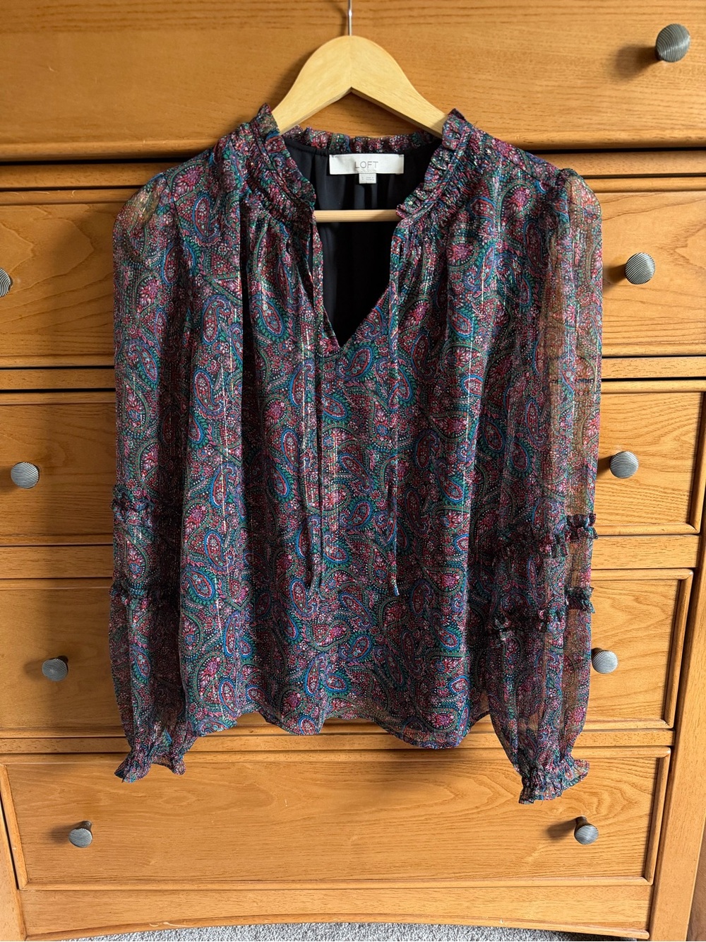 LOFT Paisley Blouse Peasant Sheer Sleeve Ruffle Multicolor Gold V Neck Size S